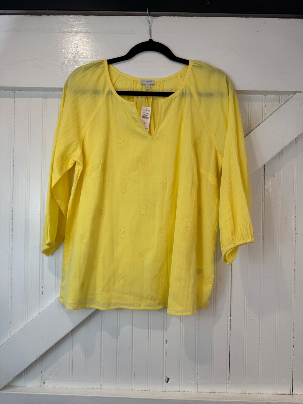 NWT Talbots Yellow Pineapple Embroidered Cotton Blouse Medium 3/4 Sleeve - Picture 2 of 9